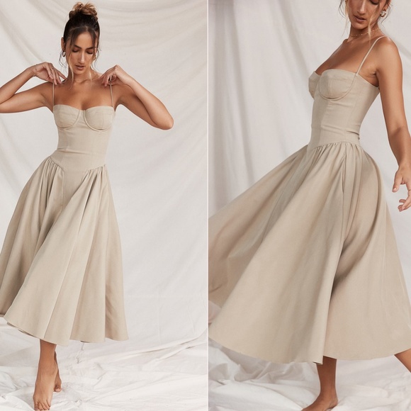 HOUSE OF CB SAMARIA CORSET SUNDRESS IN TAUPE SIZE XS REGULAR CUP - Picture 1 of 5
